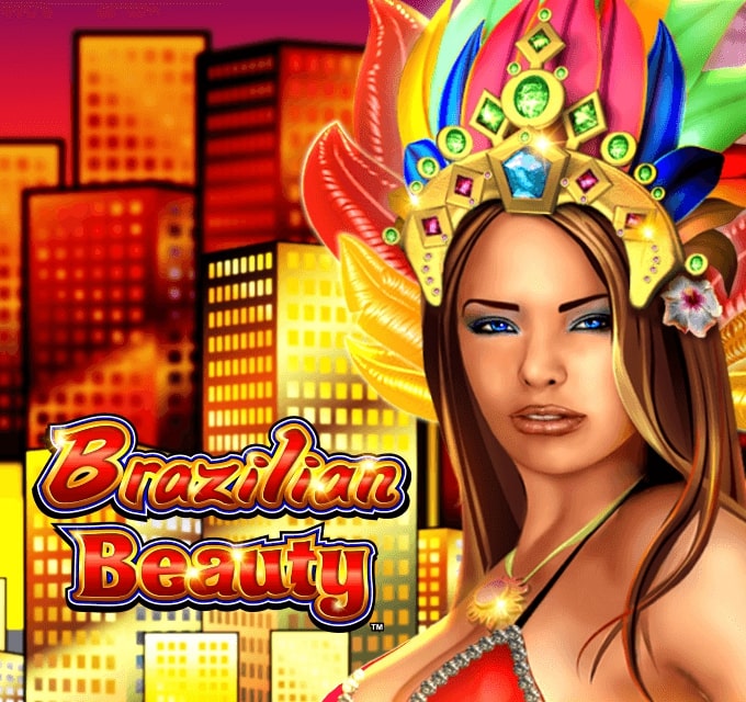 A glamorous depiction of a woman wearing a carnival-inspired headpiece adorned with feathers and jewels. The background showcases a cityscape, with the title 'Brazilian Beauty' in bright, bold lettering.