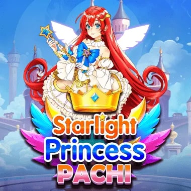 Anime-style character with long red hair wearing a white and gold dress, holding a magical staff with a star-shaped tip. She has angelic wings and is set against a castle background with blue skies. The text 'Starlight Princess Pachi' is displayed in colorful, bold letters with a golden crown and vibrant feathers.