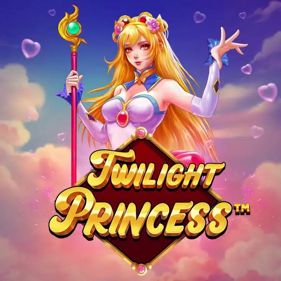 Anime-style character with long golden hair wearing a white and pink dress, holding a magical staff with a glowing green orb. She is surrounded by floating heart shapes against a dreamy sky background. The text 'Twilight Princess' is displayed in bold gold font with a red diamond-shaped frame.