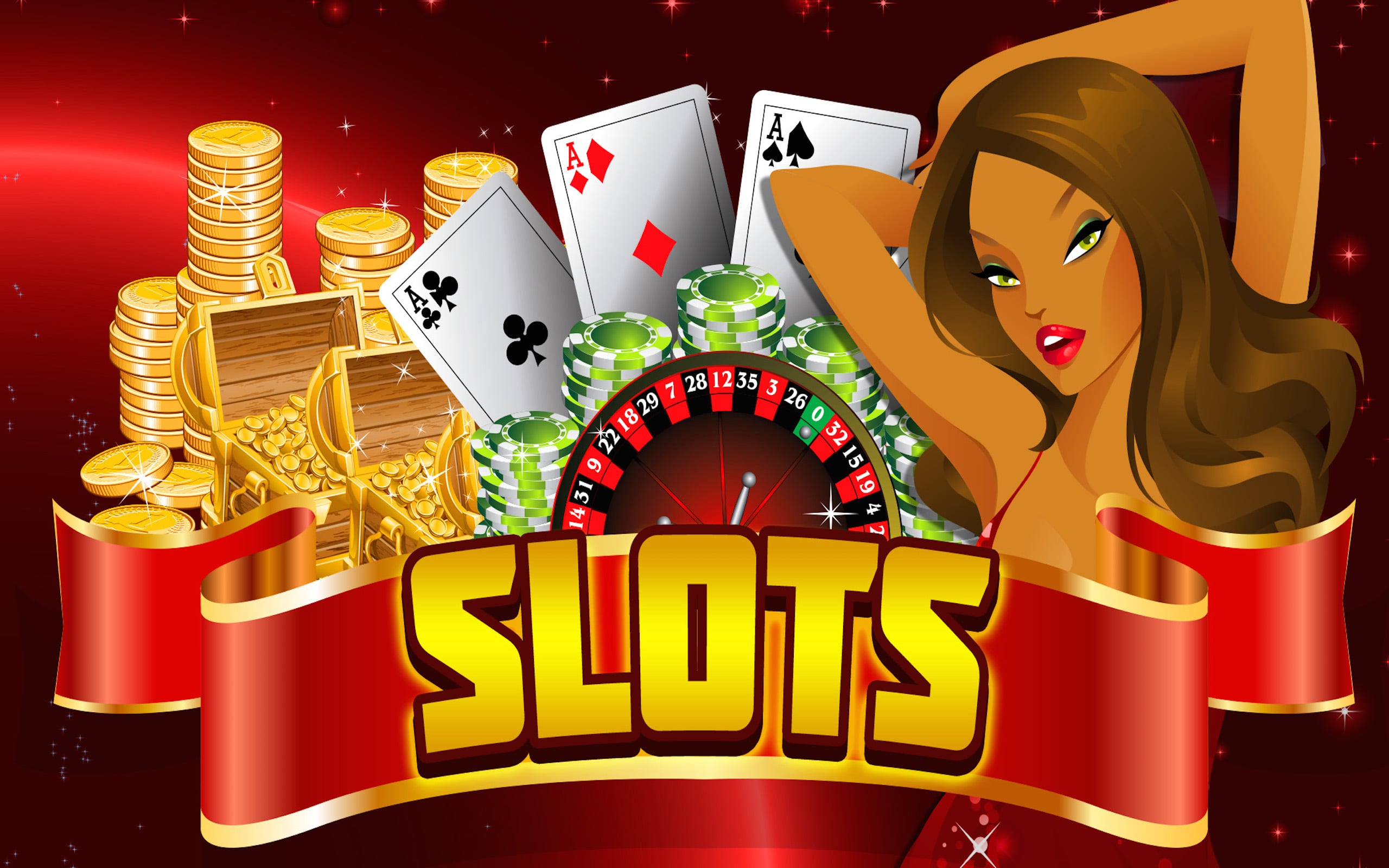 A vibrant casino-themed graphic featuring gold coins, treasure chests, playing cards, poker chips, a roulette wheel, and a stylized woman with long brown hair. The word 'SLOTS' is prominently displayed on a red ribbon.