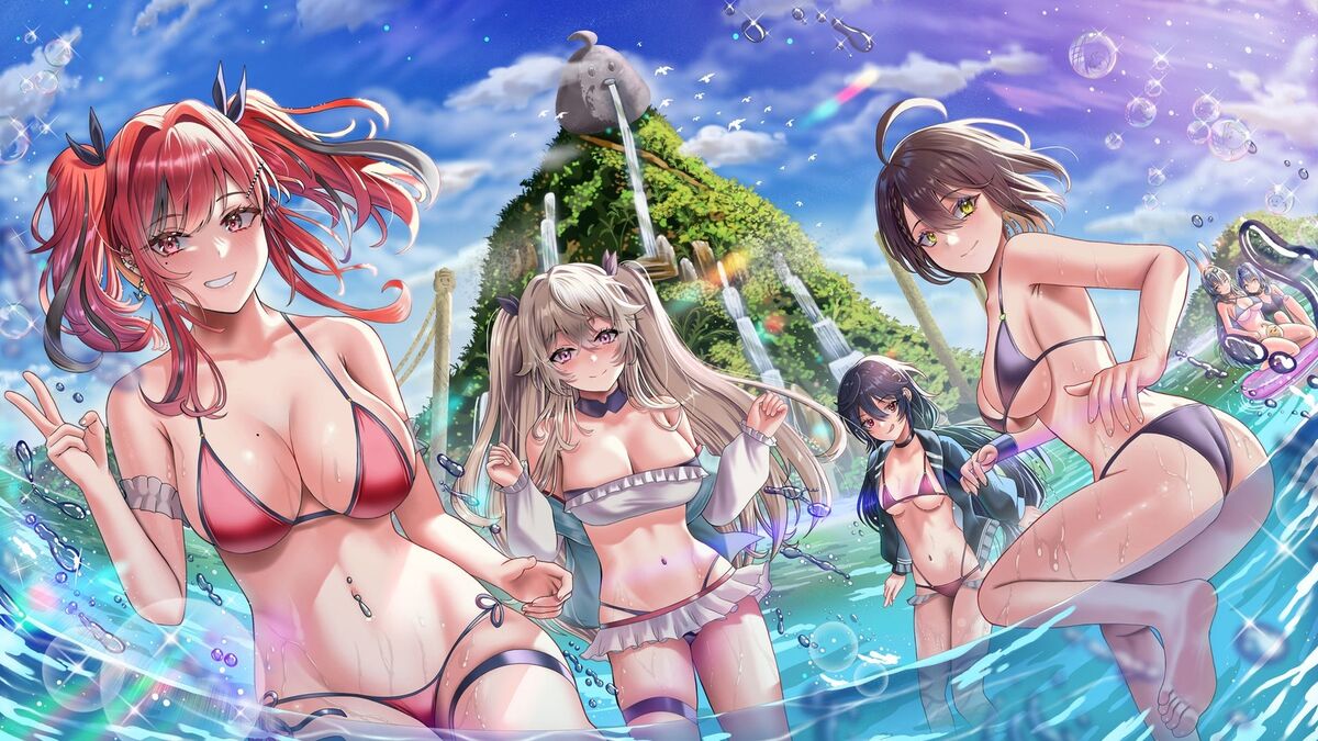 Sexy Anime Girls In Bikini Stays In Water