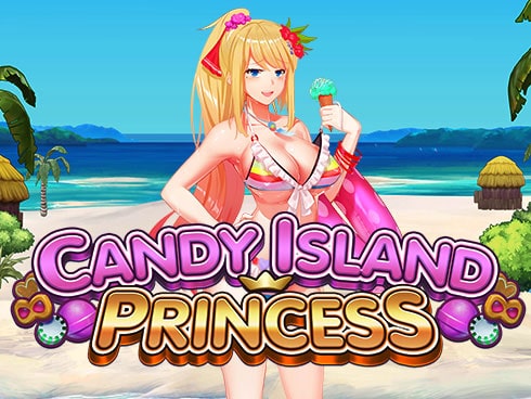 A vibrant illustration featuring a blonde-haired anime-style character wearing a colorful bikini and holding a pink floatation ring. She stands in front of a tropical beachside stage, with blue skies, palm trees, and a sparkling pool completing the backdrop. The title 'Candy Island Princess' is prominently displayed at the bottom in bold, colorful lettering