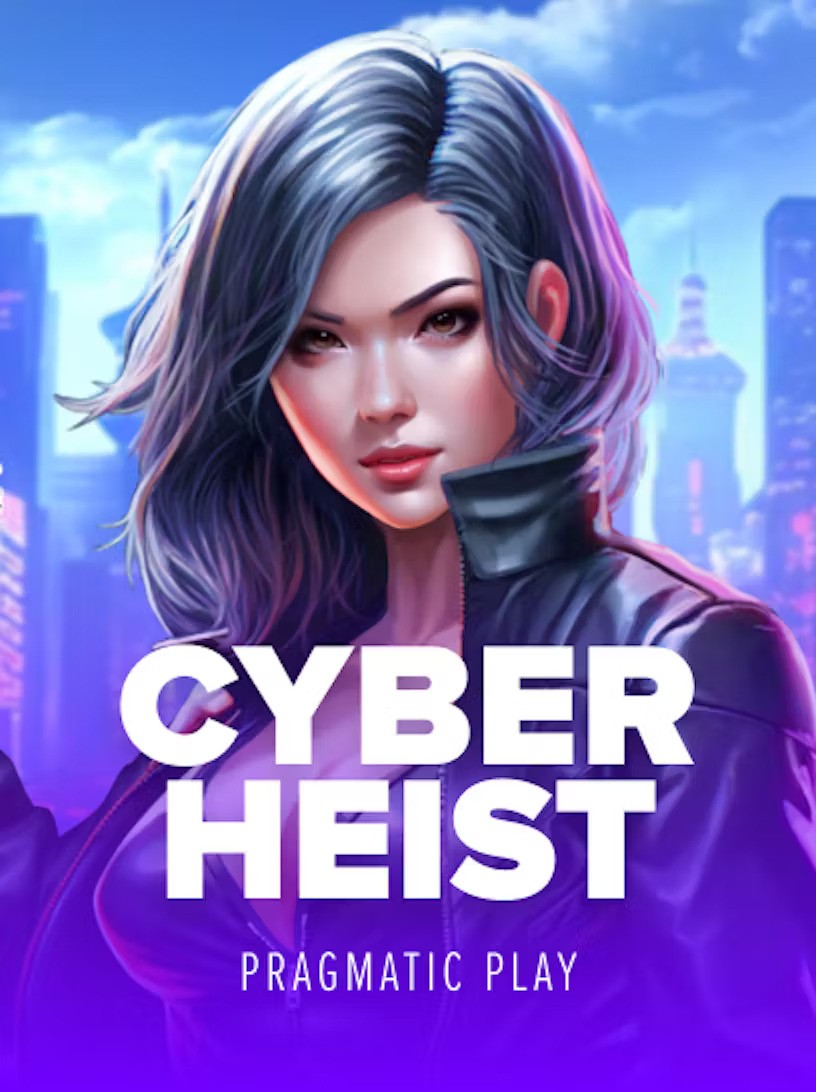 A futuristic illustration of a woman with silver hair in a leather jacket, set against a neon-lit cityscape. The text 'Cyber Heist' is displayed in bold white letters, with 'Pragmatic Play' written below.