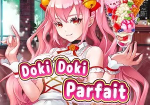 A vibrant illustration featuring a pink-haired anime-style character dressed in a white and gold outfit. She is holding a colorful parfait dessert. The title "Doki Doki Parfait" is prominently displayed in pink and yellow.