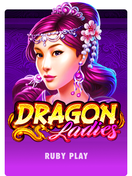 A promotional image for a game titled 'Dragon Ladies' by Ruby Play, featuring an elegant woman with purple hair adorned with floral accessories and jewelry. The title includes dragon-themed elements and vibrant colors.