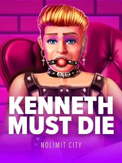 A bold and edgy design featuring a character with exaggerated features sitting in a pink armchair, emphasizing the dramatic title 'Kenneth Must Die.'