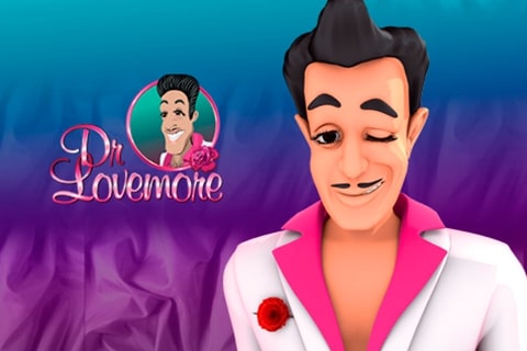 A cartoonish character with slicked-back black hair and a charismatic expression, wearing a white jacket with a pink collar. The title 'Dr. Lovemore' appears in elegant cursive font alongside a rose.