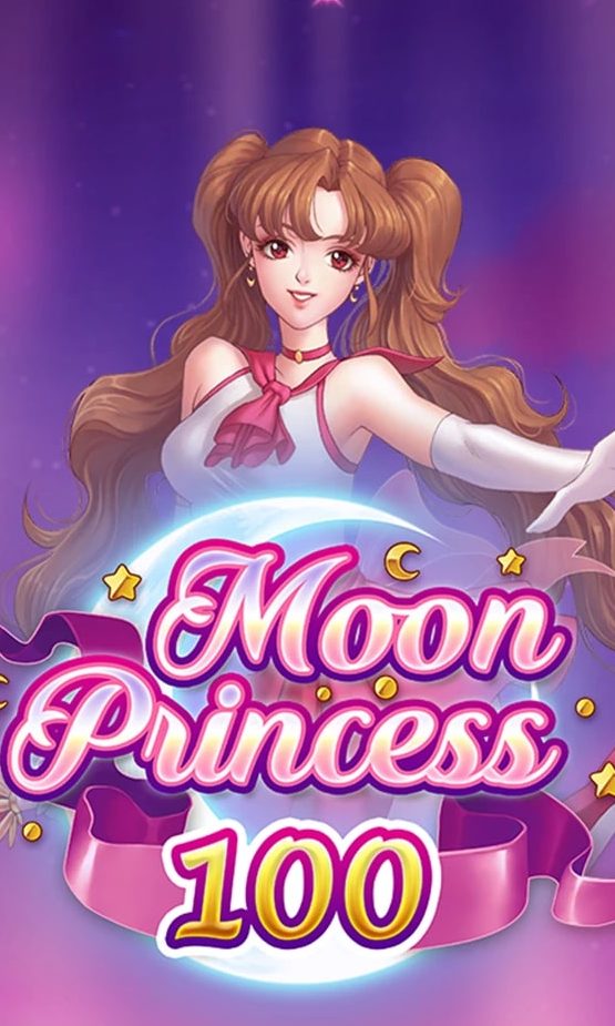 An anime-style depiction of a young woman with long brown hair wearing a pink outfit. She is surrounded by stars and moons, with the text 'Moon Princess 100' in bright pink and yellow lettering.