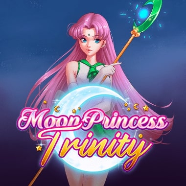 Illustration of a magical girl with long pink hair holding a glowing staff, standing in front of a crescent moon with the text 'Moon Princess Trinity' in bright, decorative font