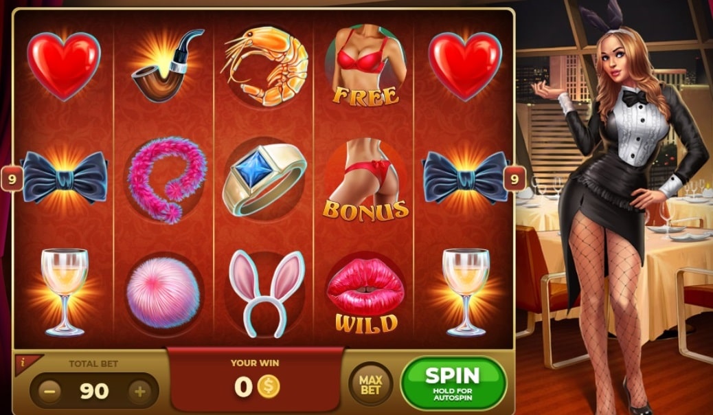 A game interface showcasing slot symbols like hearts, diamonds, and various playful icons, with a sleek background and a female host on the side.