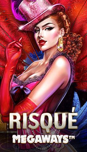 A glamorous depiction of a burlesque-style woman wearing red gloves and a pink hat adorned with feathers. The title, 'Risque Megaways,' is positioned at the bottom.