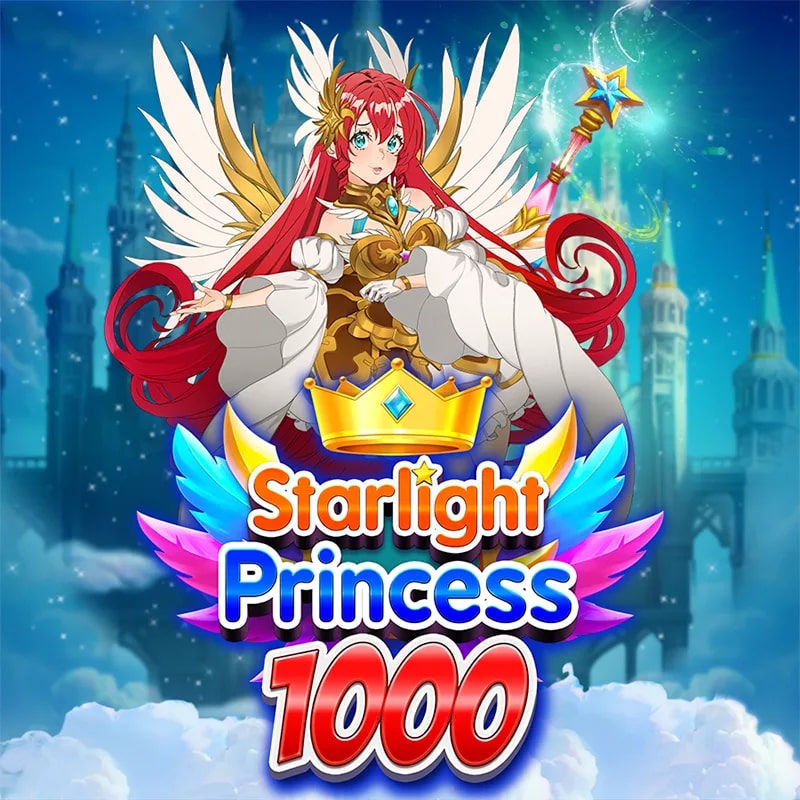 Anime-style character with long red hair, golden wings, and a flowing white gown, holding a glowing magical staff. She is set against a night sky with a castle in the background. The text 'Starlight Princess 1000' appears in colorful font with a golden crown and vibrant feathers.